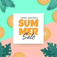 Sommer- Verkauf Poster Design dekoriert mit Zitrone Scheiben, tropisch Blätter auf Grün und Rosa Hintergrund. vektor