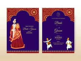 Blumen- Hochzeit Einladung Karte mit indisch Bräutigam Charakter im Vorderseite und zurück Sicht. vektor