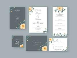 bröllop inbjudan kort uppsättning dekorerad med blommig i grå och vit Färg. vektor