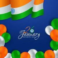 26: e januari republik dag affisch design med vågig indisk flagga och tricolor glansig ballonger dekorerad på blå bakgrund. vektor