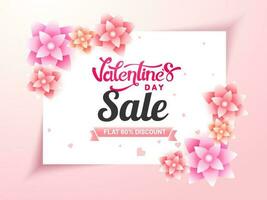 Valentinstag Tag Verkauf Poster Design mit Rabatt Angebot, glänzend Blumen dekoriert auf Weiß und Rosa Hintergrund. vektor