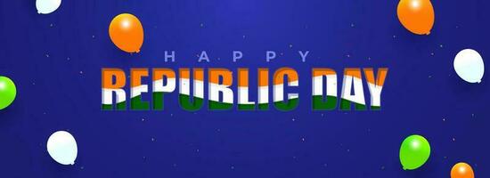 glücklich Republik Tag Schriftart im Indien Flagge Farbe auf Blau Hintergrund dekoriert mit glänzend Luftballons. vektor
