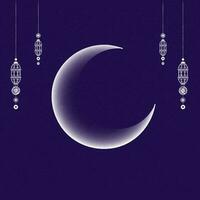glansig halvmåne måne med hängande prydnad lyktor dekorerad på violett blommig mönster bakgrund. vektor
