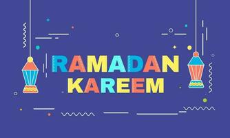 bunt Ramadan kareem Schriftart mit hängend Laternen auf Blau Hintergrund. vektor