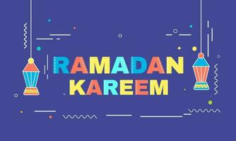 färgrik ramadan kareem font med hängande lyktor på blå bakgrund. vektor