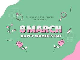 8 Mars, Lycklig kvinnors dag begrepp med diamant ringa, kvinna kön tecken, reste sig blomma, musik notera, läppstift på abstrakt grön bakgrund. vektor