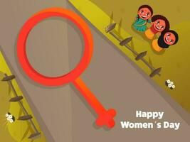 annorlunda religion kvinna ser uppåt med orange venus tecken på grön och brun bakgrund för Lycklig kvinnors dag. vektor