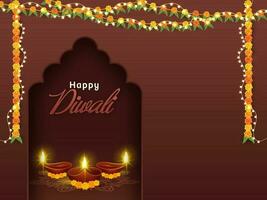 indisch Licht Festival von glücklich Diwali Feier Konzept mit erleuchten realistisch zündete Öl Lampen, Ringelblume und Beleuchtung Girlande mit Raum zum Ihre Botschaft. vektor