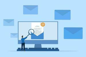 Illustration Konzept öffnen Email. erhalten Benachrichtigungen auf Ihre Computer Bildschirm Über Neu E-Mails. Unterlagen sind beigefügt im ein Umschlag. Email Marketing kreativ eben Vektor. vektor