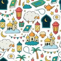 islamisch nahtlos Muster mit Kritzeleien zum eid al Adha, Fest von opfern. gut zum Hintergrund, Scrapbooking, stationär, Textil- Drucke, Verpackung Papier, usw. eps 10 vektor
