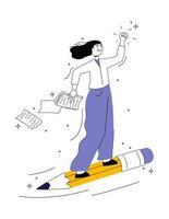 kvinna karaktär flygande på stor penna vektor illustration