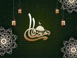 arabicum kalligrafi av gyllene ramadan kareem med silhuett moské, lyktor hänga och utsökt mandala mönster på grön ljus effekt bakgrund. vektor