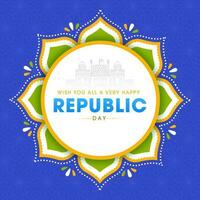 glücklich Republik Tag wünscht sich mit linear rot Fort Monument auf Mandala Rahmen und Blau Blume Muster Hintergrund. vektor
