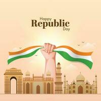 glücklich Republik Tag Konzept mit Hand halten dreifarbig Band und Indien berühmt Monumente auf Pfirsich Hintergrund. vektor