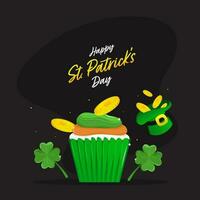 Lycklig st. Patricks dag begrepp med cupcake, klöver löv, gyllene mynt och pyssling hatt på svart bakgrund. vektor