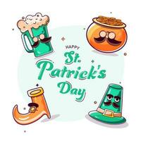 Lycklig st. Patricks dag font med klotter stil öl mugg, skatt pott, pyssling hatt och skor på vit bakgrund. vektor