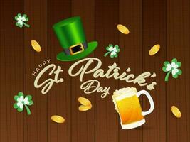 glücklich st. Patrick's Tag Schriftart mit Kobold Hut, Bier Becher, golden Münzen und Kleeblatt Blätter auf braun hölzern Hintergrund. vektor