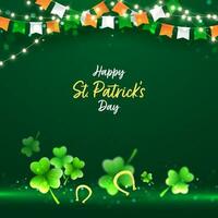 glücklich st. Patrick's Tag Schriftart mit Kleeblatt Blätter, golden Hufeisen, dreifarbig Ammer Flaggen und Beleuchtung Girlande dekoriert auf Grün Hintergrund. vektor