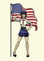 hälsning amerikan utvikningsbrud flicka soldat stående i främre av de USA flagga vektor