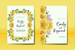 bröllop inbjudan ram uppsättning, blommig vattenfärg digital hand dragen gul hibiskus blomma design inbjudan kort mall vektor