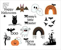 einstellen von Halloween Vektor Elemente, glücklich Halloween Hand gezeichnet Dekorationen Satz, schwarz Orange Silhouette auf Weiß Hintergrund, Sammlung von Halloween Silhouetten Symbol und Charakter