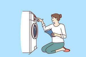 Frau wendet sich auf Waschen Maschine auf Knie mit Papier Anweisung mit Regeln zum mit Ausrüstung. beiläufig jung Mädchen Hausfrau mit Lächeln setzt oben Neu Waschen Maschine nach studieren Handbuch vektor