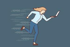 Laufen Frau mit Laptop symbolisiert Ambition und Verfolgung von Erfolg im Geschäft und korporativ Karriere. Geschäftsfrau mit Laptop Laufen symbolisieren hoch Geschwindigkeit 5g Internet und schnell Job Fertigstellung vektor