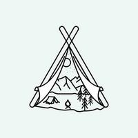 linje konst äventyr ikon logotyp design, berg och tält illustration design vektor