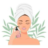 Gesichts- Haut Pflege. ein Frau nimmt Pflege von ihr Haut. kosmetisch Masken, Flecken, Creme, Lotion, Seife, Gesicht schrubben. Illustration, Vektor