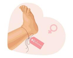 Kleine Fuß mit Rosa Etikette herzlich willkommen. Symbol, Logo, Illustration zum Neugeborene. Pastell- Farben, Vektor