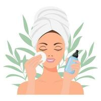 ansiktsbehandling hud vård. en kvinna tar vård av henne hud. kosmetisk masker, plåster, grädde, lotion, tvål, ansikte skrubba. illustration, vektor