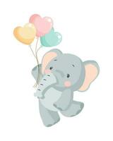 süß Baby Elefant Charakter mit Herz geformt Luftballons. glücklich Geburtstag Karte, Kinder Illustration, Vektor