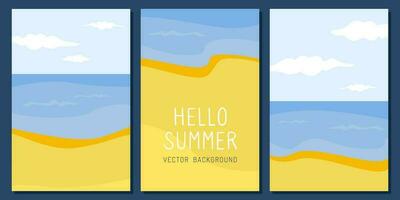 ein einstellen von Vektor Sommer- Tourist Banner mit Strand, Sand und Meer. Sommer- Seelandschaft zum Netz Banner und Geschichten