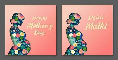 mors dag kort. gravid kvinna silhuett. vattenfärg blommor bakgrund. putsa och engelsk version. vektor