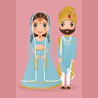 Hochzeitseinladungskarte das niedliche Paar der Braut und des Bräutigams in der traditionellen indischen Kleidkarikaturfigur. Vektorillustration. vektor
