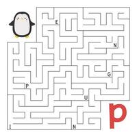 ABC labyrint spel. pedagogisk alfabet pussel. labyrint med brev. hjälp pingvin hitta rätt sätt till de brev sid. tryckbar aktivitet arbetsblad. lära sig engelsk språk. vektor illustration