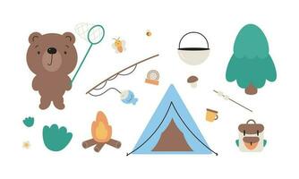 Vektor einstellen von Camping Elemente und süß tragen. bunt Illustration im eben Karikatur Stil.