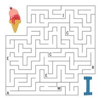 ABC labyrint spel. pedagogisk pussel för ungar. labyrint med brev. hjälp söt is grädde hitta rätt sätt till de brev i. aktivitet arbetsblad. lära sig engelsk. alfabet spel vektor illustration