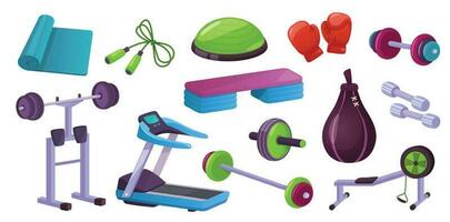 Hem Gym kondition Utrustning, sport Träning träna maskiner. gymnastiska boll, hantlar, yoga matta. friska livsstil utövar verktyg vektor uppsättning