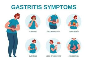 gastrit symptom infografik, kvinna med tecken av mage inflammation. abdominal smärta, halsbränna, matsmältnings sjukdom vektor diagram