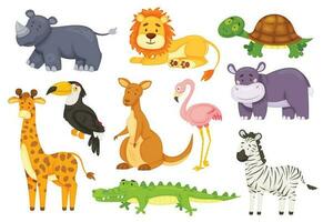tecknad serie rolig afrikansk djur, vild safari djur. söt zebra, noshörning, flamingo, giraff, krokodil, känguru, lejon, djungel vilda djur och växter vektor uppsättning
