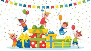 Kinder Geburtstag Feierlichkeiten mit Stapel Geschenk Kisten und Ballon vektor
