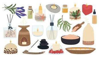 Aromatherapie und Spa Elemente, duftend Kerzen, wesentlich Öle. Mineral Salze, Kerze mit Kräuter, Aroma Diffusoren zum Entspannung Vektor einstellen