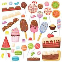 tecknad serie godis och desserter, småkakor, klubbor, is grädde. gelé bönor, marshmallow, kaka skivor, choklad. utsökt konfektyr vektor uppsättning