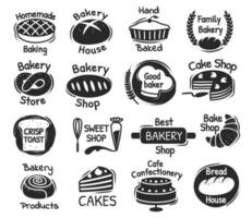 Bäckerei Geschäft Beschriftung Logo, Süßwaren und Nachspeisen Etiketten. köstlich handgemacht Gebäck, Backen Produkte Verpackung Briefmarke Design Vektor einstellen