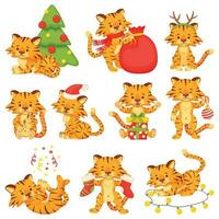 Karikatur süß wenig Tiger, glücklich Tiger Jungen. Baby Tier Zeichen mit Weihnachten Baum oder Geschenk Box feiern Weihnachten und Neu Jahr Vektor einstellen