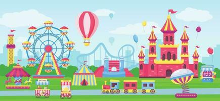 Amüsement Park mit Kirmes Sehenswürdigkeiten, Karneval Messegelände Fahrten. Karikatur Zirkus Zelt, Kinder Schloss, Achterbahn Vektor Illustration