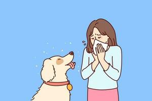 wenig Mädchen mit Hund leidet von Allergien und Verwendet Taschentuch wann kommunizieren mit Geliebte Haustier. Teenager Kind weht Nase in Papier Serviette fällig zu Allergien oder Rhinitis verursacht durch Hund Haar vektor
