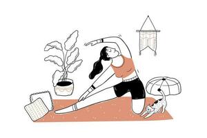 sport, yoga, koppla av meditation begrepp. aktiva sportigt ung kvinna idrottare tecknad serie karaktär mediterar Träning håller på med sträcka övning på Hem. praktiserande träna och friska livsstil illustration. vektor
