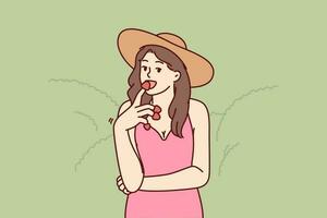 kvinna äter aptitlig jordgubbar njuter smak av färsk bär hittades på bruka eller plantage. flicka i hatt vem äger bruka försöker organisk jordgubbar vuxen utan använda sig av av pesticider vektor